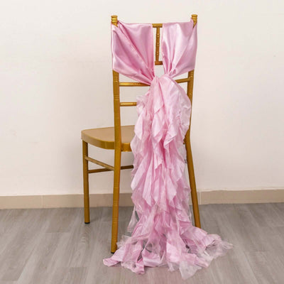 5 Pack Chiffon Satin Chair Sashes Pink Curly Willow Style - Easy to Use Flowy Chair Bows
