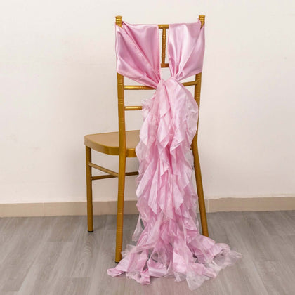 5 Pack Chiffon Satin Chair Sashes Pink Curly Willow Style - Easy to Use Flowy Chair Bows