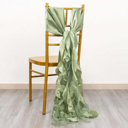 5 Pack Chiffon Satin Chair Sashes Sage Green Curly Willow Style - Easy to Use Flowy Chair Bows