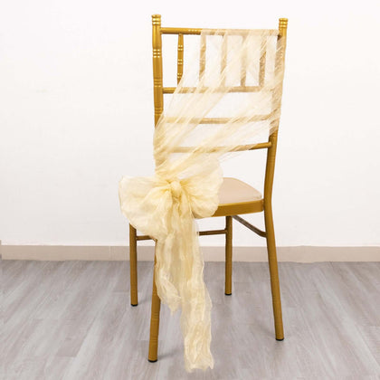 5 Pack Crinkled Organza Chair Sashes Champagne - Sheer Shimmer Layered Chiffon Design