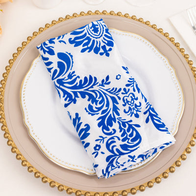 5 Pack Damask Flocking Taffeta Napkins - Royal Blue White Decorative Cloth Napkins - 20"x20" for Weddings and Events