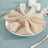 Beige napkin elegantly arranged on a plate with decorative rings and simple table setting.