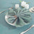 Elegant green napkin on a white plate with decorative rings, set on a textured tablecloth.