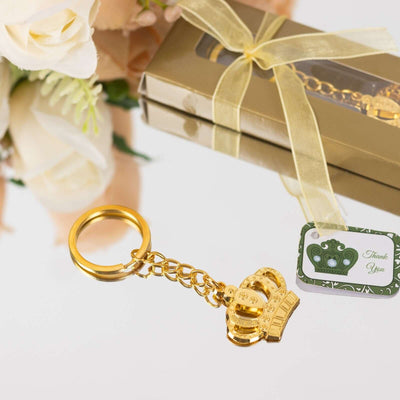 5 Pack Gold Metal Princess Crown Keychain Party Favor, Pre-Packed Wedding Bridal Shower Party Favor With Gift Box, Ribbon & Thank You Tag - 3"