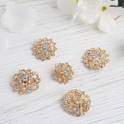 5 Pack Gold Plated Mandala Crystal Rhinestone Brooches - Vintage Floral Sash Pins for Chic Bouquet Decor