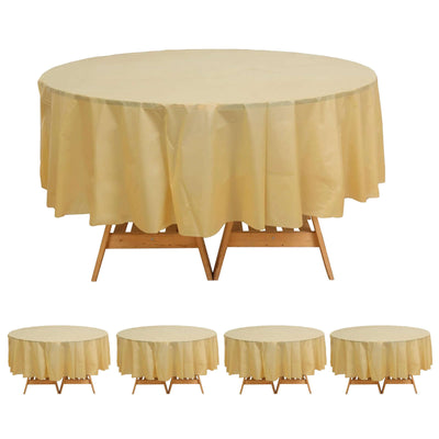 5-Pack Plastic Table Covers 84" Gold Round - PVC Waterproof Disposable Covers