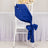 Blue satin chair sash tied in a bow on a white chair.