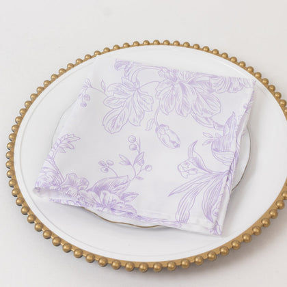 5-Pack French Toile Cloth Napkins – 17"x17" Lavender Lilac and White Reusable Polyester Table Napkins in Floral Design for Events & Dining