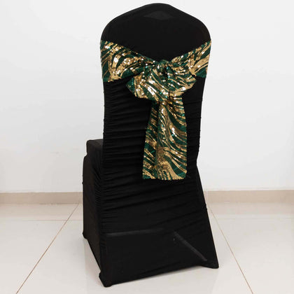 5 Pack Mesh Chair Sashes Hunter Emerald Green/Gold Wave 6"x88" with Embroidered Sequins - Refined Decorative Design