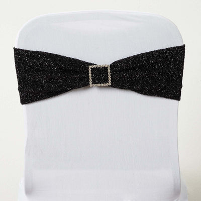 5 Pack Metallic Shimmer Tinsel Spandex Chair Sashes Black - Glittery Finish Stretch Chair Bands for Parties & Weddings