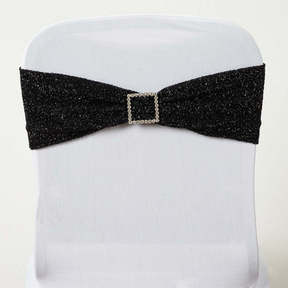 5 Pack Metallic Shimmer Tinsel Spandex Chair Sashes Black - Glittery Finish Stretch Chair Bands for Parties & Weddings