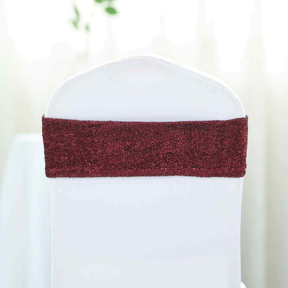 5 Pack Metallic Shimmer Tinsel Spandex Chair Sashes Burgundy - Glittery Finish Stretch Chair Bands
