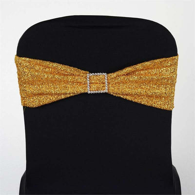 5 Pack Metallic Shimmer Tinsel Spandex Chair Sashes Gold - Glittery Finish Stretch Chair Bands for Parties & Weddings