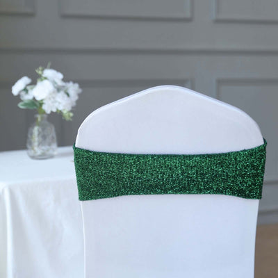 5 Pack Metallic Shimmer Tinsel Spandex Chair Sashes Hunter Emerald Green - Glittery Finish Stretch Chair Bands