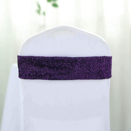 5 Pack Metallic Shimmer Tinsel Spandex Chair Sashes Purple - Glittery Finish Stretch Chair Bands