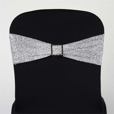 5 Pack Metallic Shimmer Tinsel Spandex Chair Sashes Silver - Glittery Finish Stretch Chair Bands