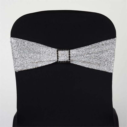 5 Pack Metallic Shimmer Tinsel Spandex Chair Sashes Silver - Glittery Finish Stretch Chair Bands