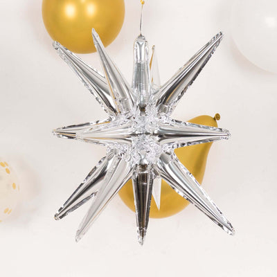 5 Pack Metallic Silver 14-Point Star Explosion Foil Balloons, Fireworks Starburst Shaped Mylar Party Balloons 22"