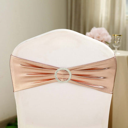 5 Pack Metallic Spandex Chair Sashes Blush - Durable Stretch Chair Bands With Round Diamond Buckles