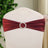 Burgundy chair sash with rhinestone buckle for elegant event decor.