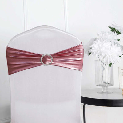 5 Pack Metallic Spandex Chair Sashes Rose Gold - Durable Stretch Chair Bands With Round Diamond Buckles