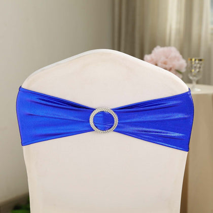 5 Pack Metallic Spandex Chair Sashes Royal Blue - Durable Stretch Chair Bands With Round Diamond Buckles