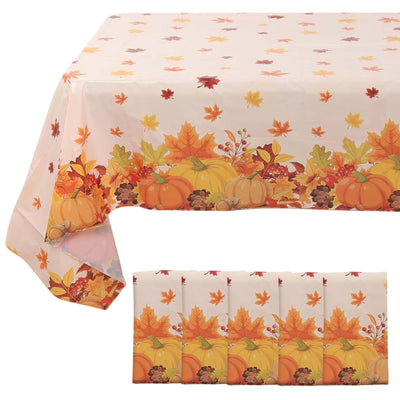 5-Pack Plastic Tablecloths 54"x108" Orange Thanksgiving Rectangle with Fall Leaves Pumpkin Print - PVC Waterproof Disposable Covers