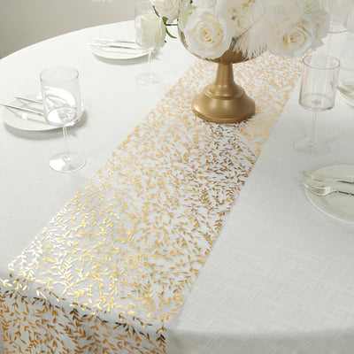5 Pack Organza Mesh Table Runner Rolls 11"x108" White with Gold Foil Leaf Vines - Stylish Decor for Wedding & Events