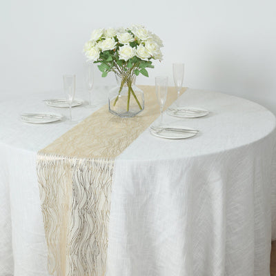 5 Pack Organza Table Runners 12"x108" Gold with Gold Foil Wave Design - Disposable Shimmering Table Accent
