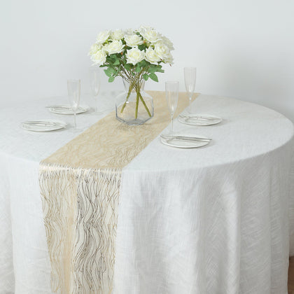 5 Pack Organza Table Runners 12"x108" Gold with Gold Foil Wave Design - Disposable Shimmering Table Accent