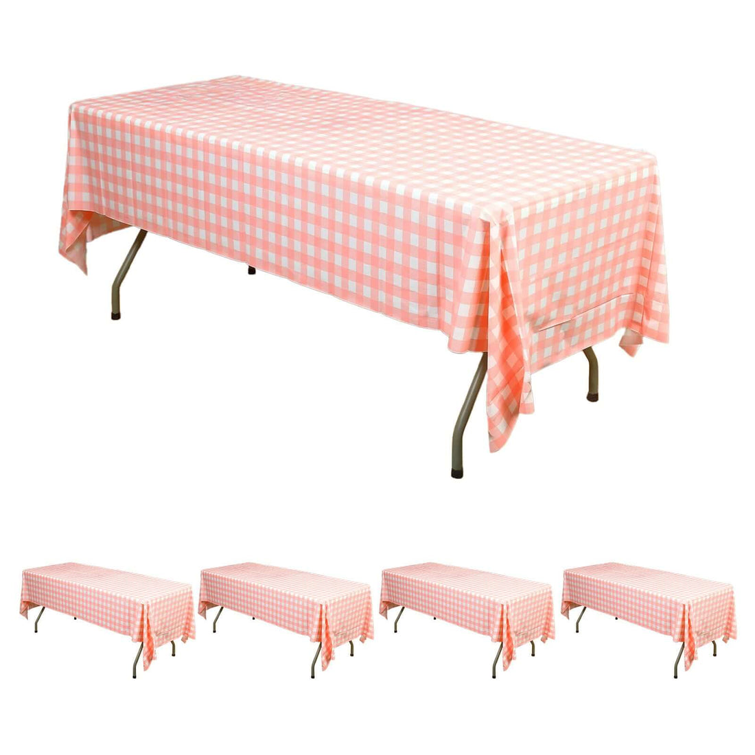 Pink gingham tablecloth draped over a folding table