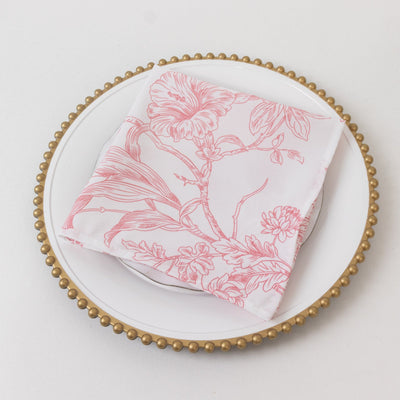 5-Pack French Toile Cloth Napkins – 17"x17" Pink and White Reusable Polyester Table Napkins in Floral Design for Events & Dining