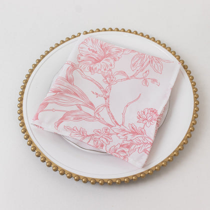 5-Pack French Toile Cloth Napkins – 17"x17" Pink and White Reusable Polyester Table Napkins in Floral Design for Events & Dining