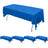 Blue tablecloth draped over a rectangular table on a plain backdrop.