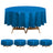 Round blue tablecloth on a wooden table.