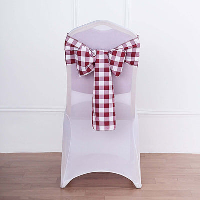 5 Pack Polyester Chair Sashes 6"x108" Burgundy/White Buffalo Plaid Pattern - Easy to Use Checkered Chair Bows
