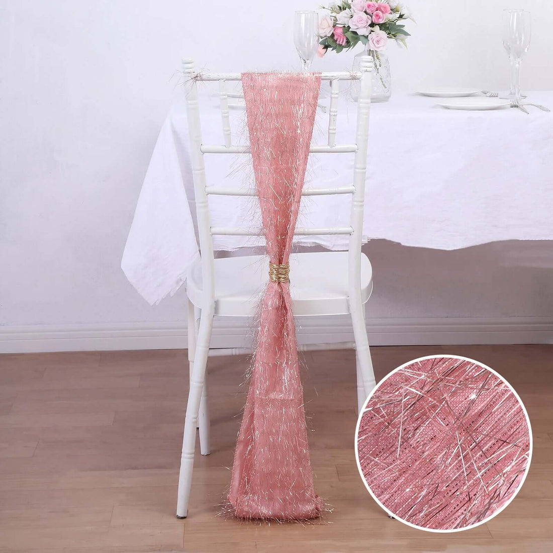 Pink table chair sash with shimmer detail, styled for elegant decor.