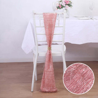 5 Pack Polyester Chair Sashes 6"x108" Rose Gold Metallic Tinsel Fringe - Durable & Reusable Chair Bows