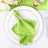 Green napkin with decorative ring on a white plate, styled for an elegant table setting.