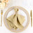 Elegant gold napkin folded on a decorative plate, set for dining.