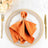 Elegant orange napkin tied with a rose gold ring on a decorative dinner plate.