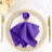Purple satin napkin elegantly folded with a decorative ring on a dinner plate.