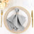 Elegant grey napkin with decorative holder on a plate setting.