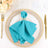 Elegant turquoise napkin with decorative ring on a styled dinner plate.