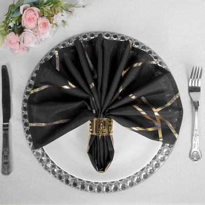 5 Pack Polyester Napkins 20"x20" Black with Gold Geometric Foil Pattern - Modern Reusable Cloth Napkins for Home, Restaurants & Events
