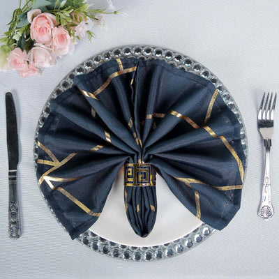 5 Pack Polyester Napkins 20"x20" Navy Blue with Gold Geometric Foil Pattern - Modern Reusable Cloth Napkins