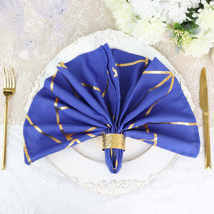 5 Pack Polyester Napkins 20"x20" Royal Blue with Gold Geometric Foil Pattern - Modern Reusable Cloth Napkins