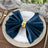 Navy velvet napkin with gold ring on a decorative plate.