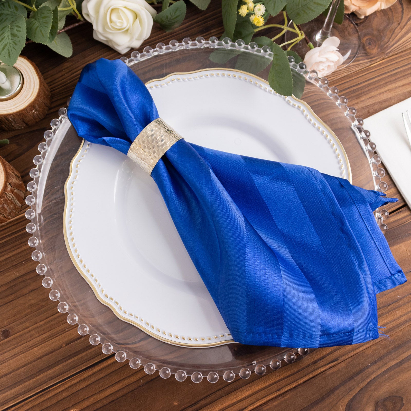 Efavormart 5 Pack Royal Blue Striped Satin Cloth Napkins, Wrinkle-Free Reusable Dinner Napkins - 20 inchx20 inch for Wedding Party Event Banquet