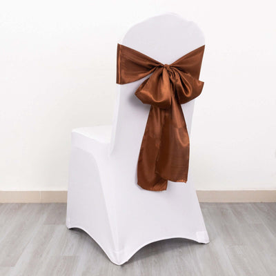 5 Pack Satin Chair Sashes 6"x106" Cinnamon Brown - Reusable Chair Bows with Smooth Finish